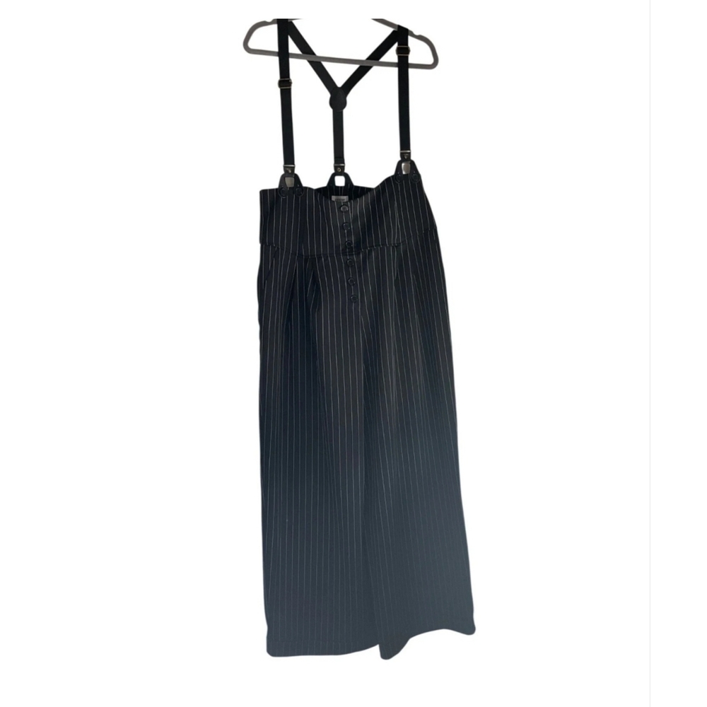 Unique Vintage XL Thelma Black Pinstripe High-Waisted Wide-Leg Pants Suspenders - Picture 3 of 16